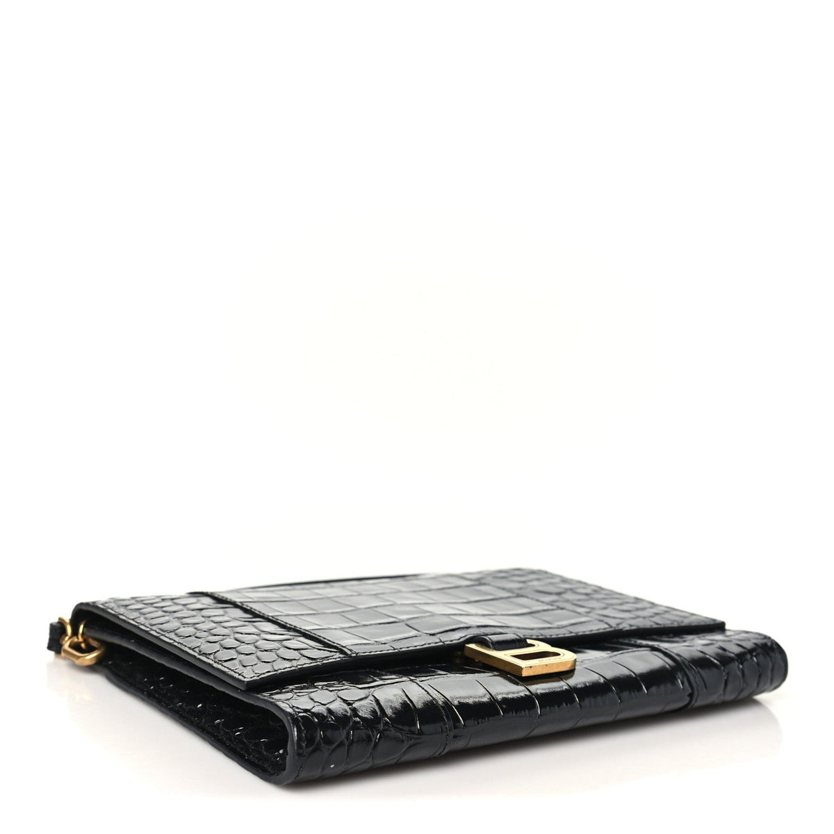 Balenciaga Shiny Calfskin Crocodile Embossed Hourglass Gusset Pouch Black