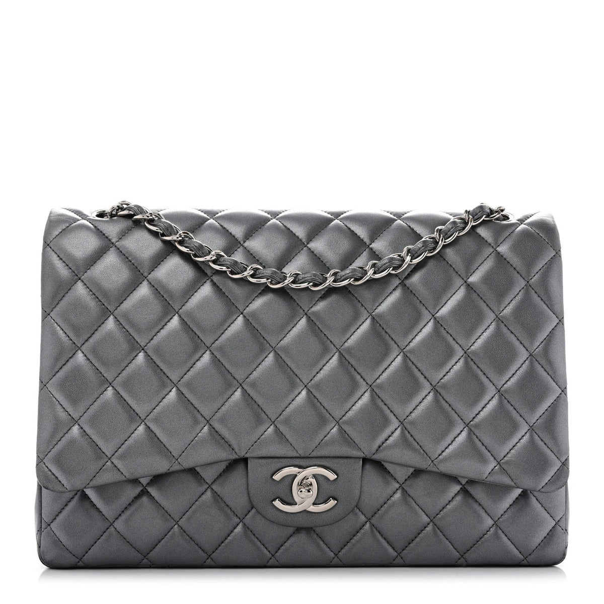 Chanel Metallic Lambskin Quilted Maxi Double Flap Pewter