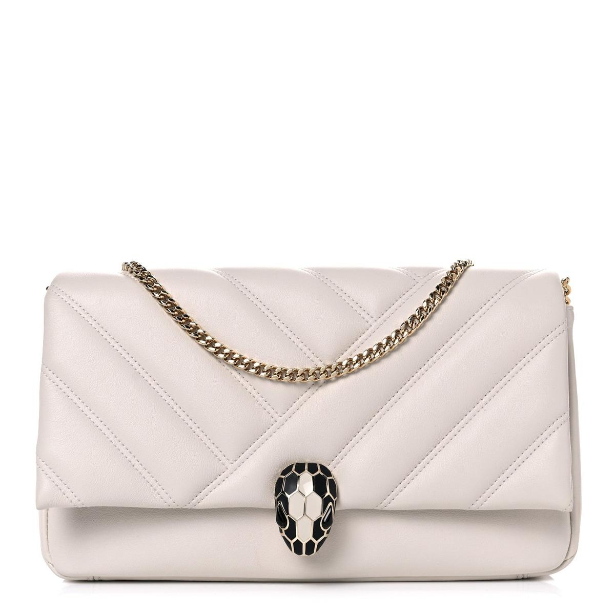 BVLGARI SERPENTI CABOCHON SMALL SHOULDER BAG IN WHITE MATELASSE CALFSKIN