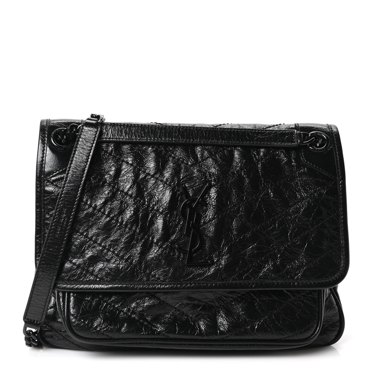 Saint Laurent Crinkled Calfskin Matelasse Monogram Medium Niki Chain Satchel Black
