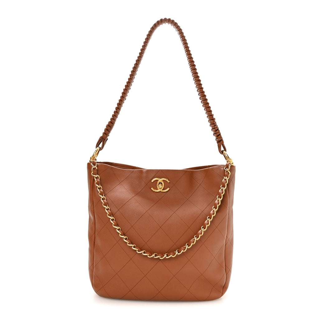 Chanel Calfskin Quilted Braided Handle Chain Hobo Brown