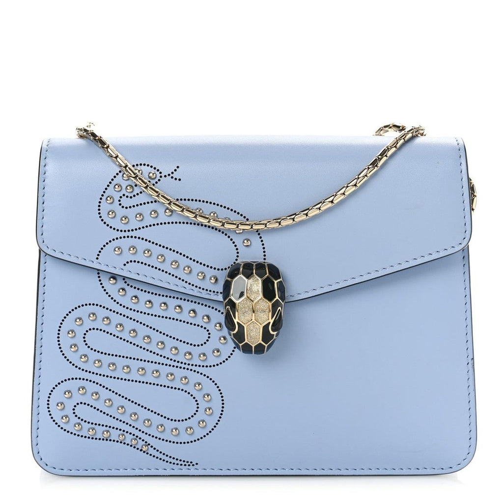 Front view of Bvlgari Serpenti Forever embellished crossbody bag in light blue calfskin