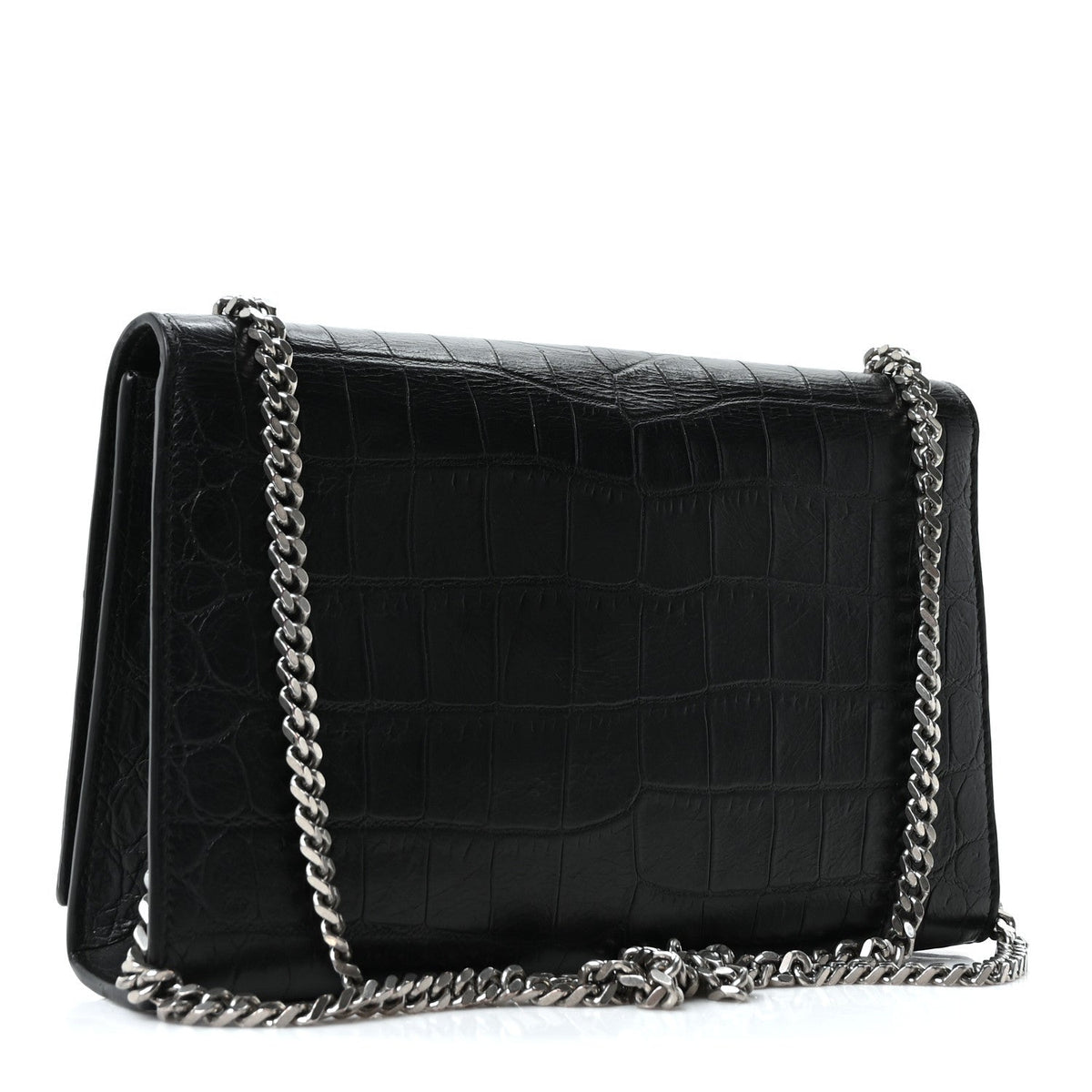 Saint Laurent Calfskin Crocodile Embossed Medium Classic Monogram Kate Tassel Satchel Black