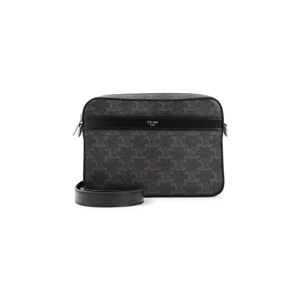 3/4 front view — dark Triomphe canvas messenger bag with CELINE PARIS label