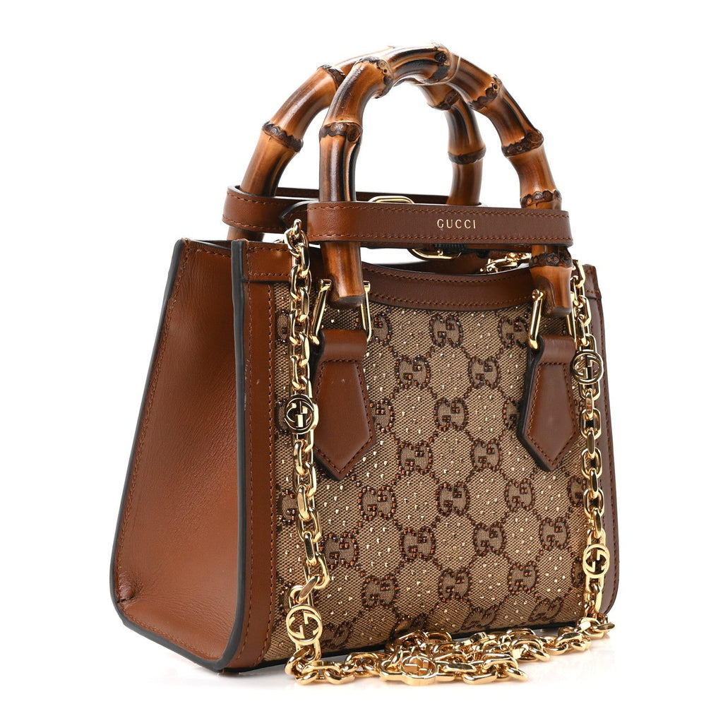 Gucci New Canvas Charisma Calfskin Crystal GG Monogram Mini Diana Tote Bag Camel Ebony