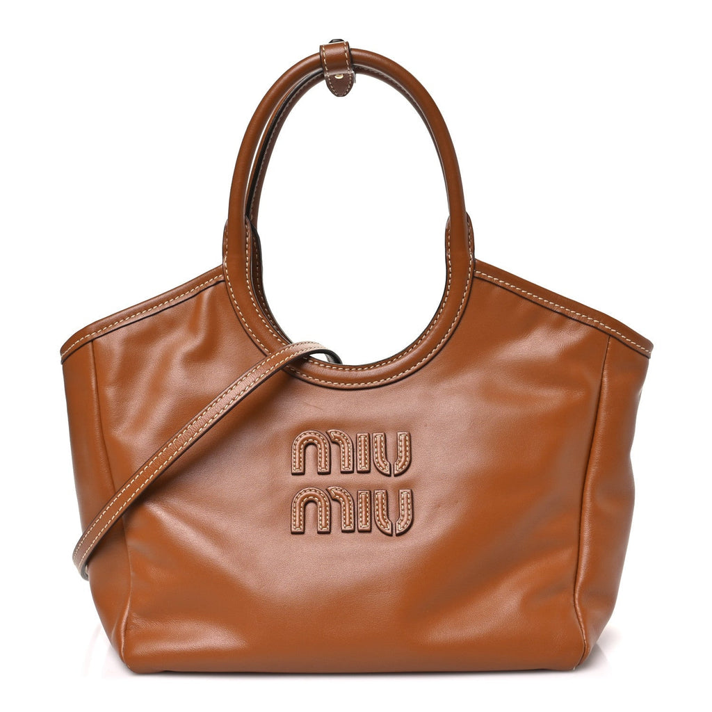 Miu Miu Soft Calf Softy Small Ivy Tote Bag Caramel front view