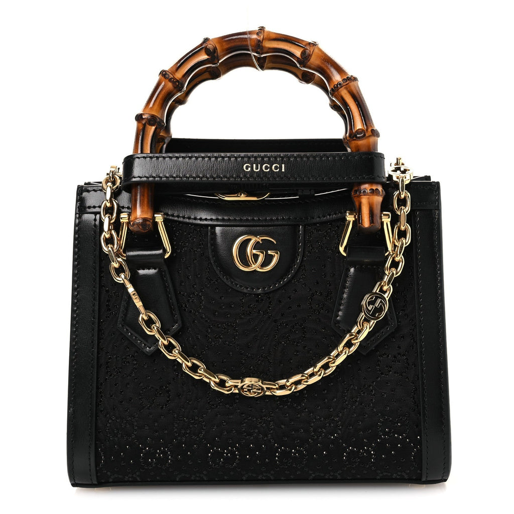 Gucci New Canvas Charisma Calfskin Crystal GG Monogram Mini Diana Tote Black