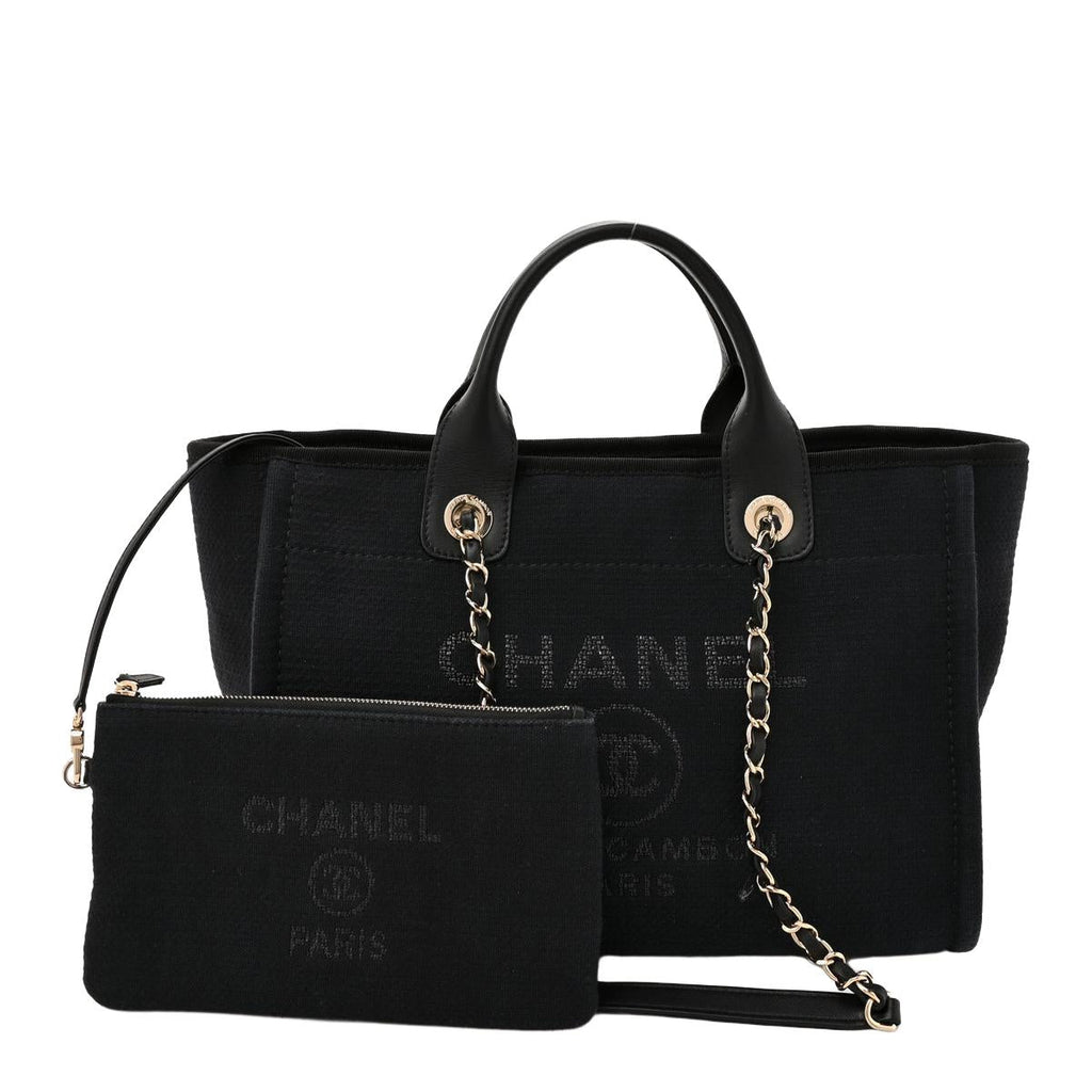 CHANEL Small Deauville Tote Black Canvas - Front View with Pouch