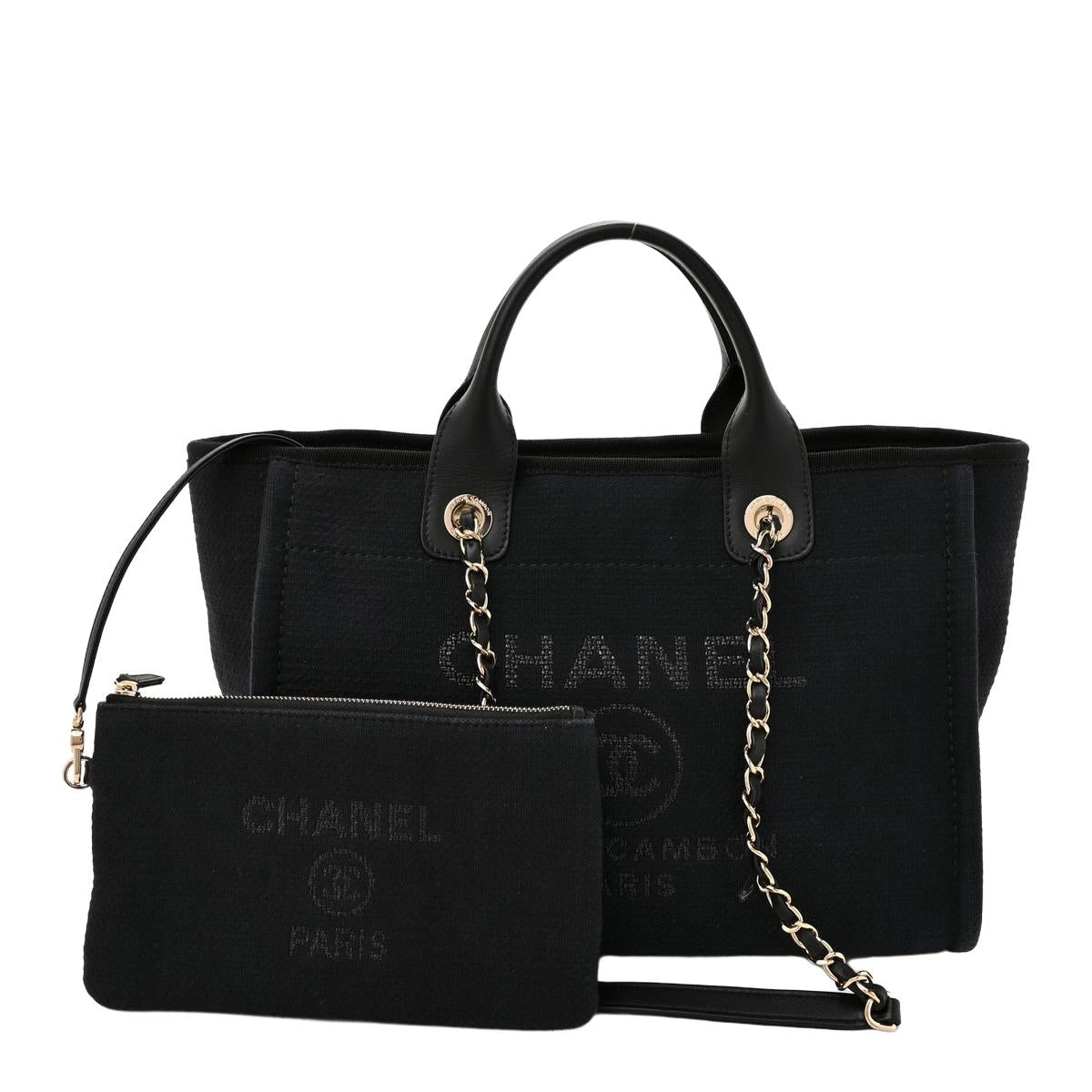 CHANEL Small Deauville Tote Black Canvas - Front View with Pouch