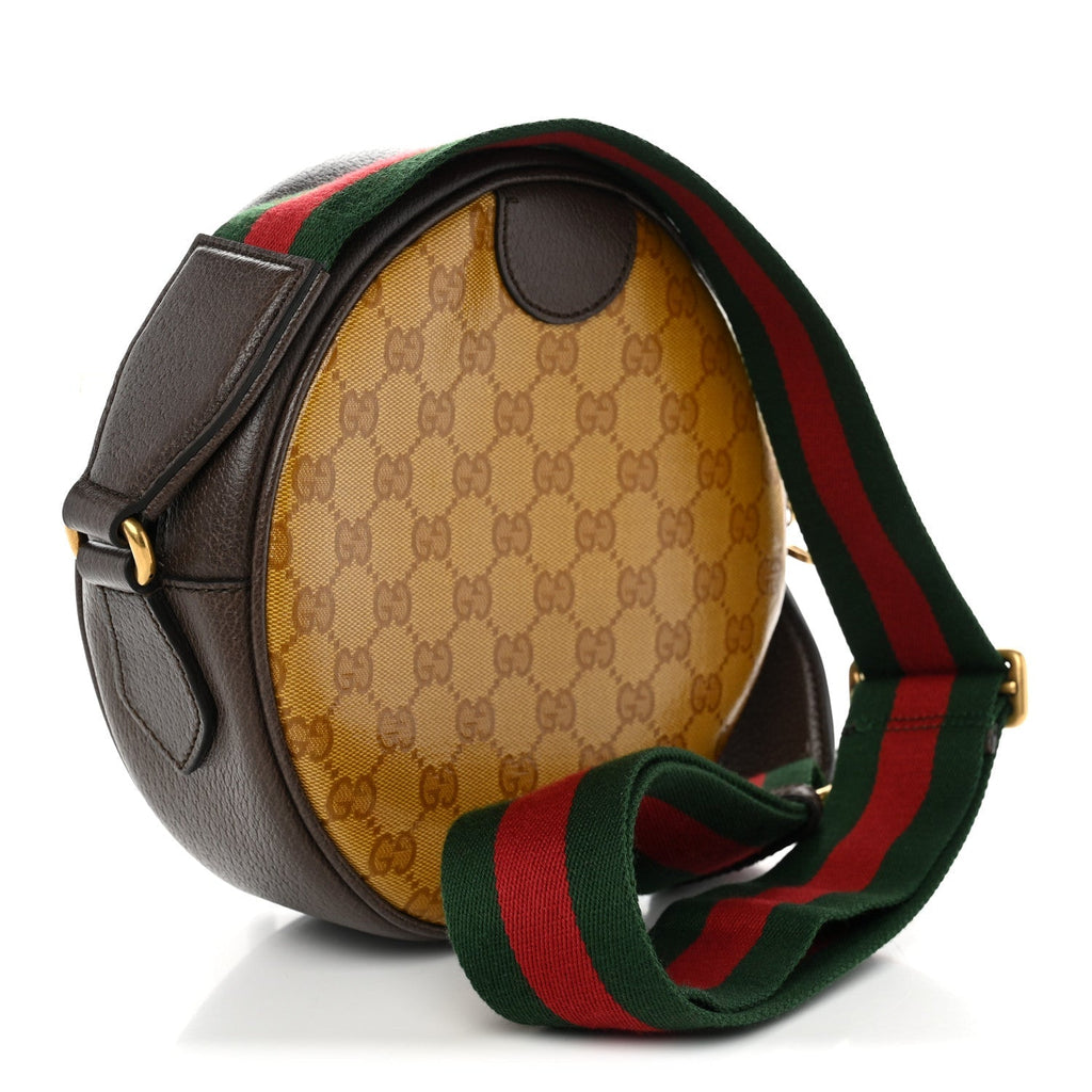 Gucci X ADIDAS Crystal Vintage Monogram Textured Dollar Calfskin Web Trefoil Small Ophidia Round Shoulder Bag Mid Natural Nut Off White New Acero