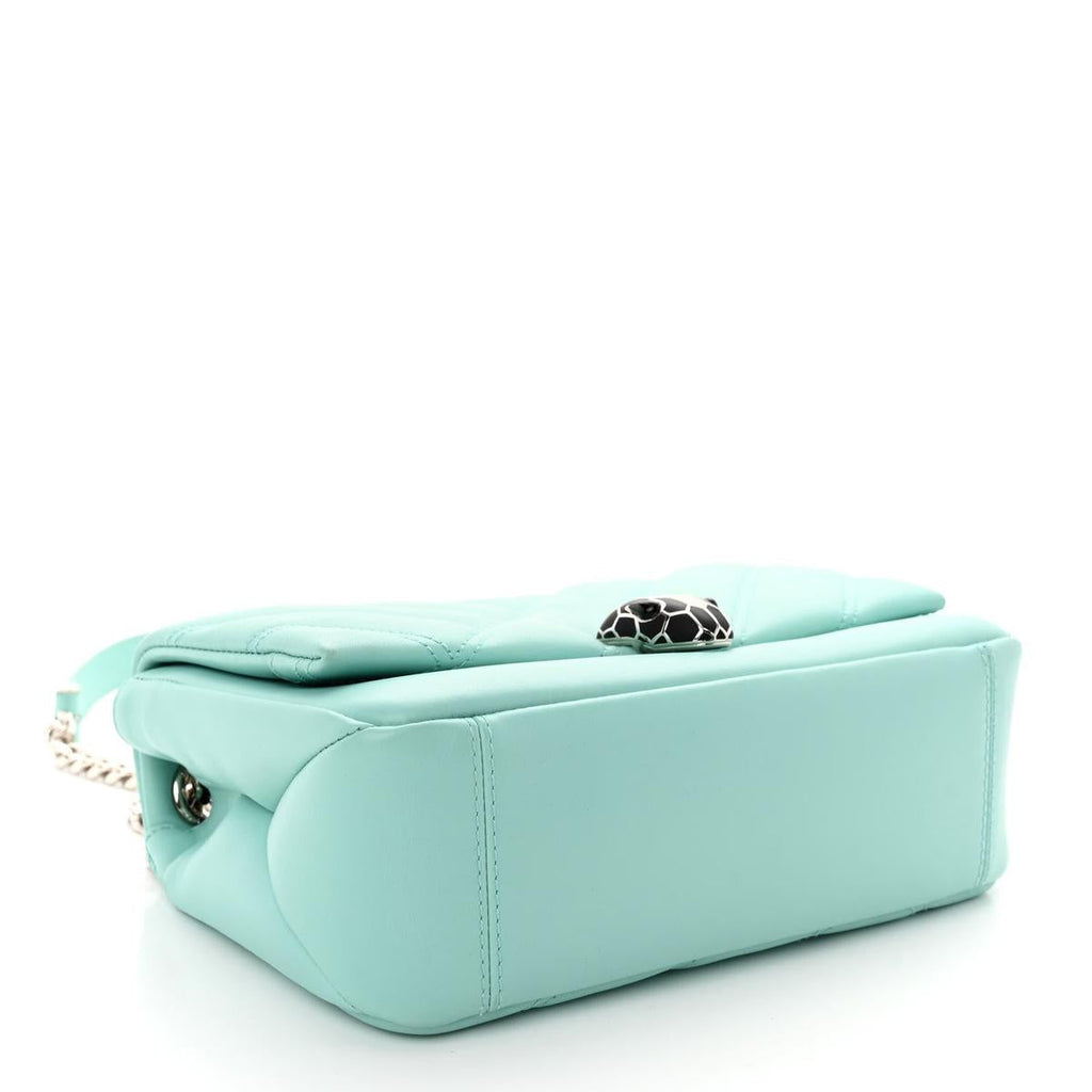 Bottom view of Bvlgari Serpenti Cabochon small shoulder bag in turquoise matelasse calfskin