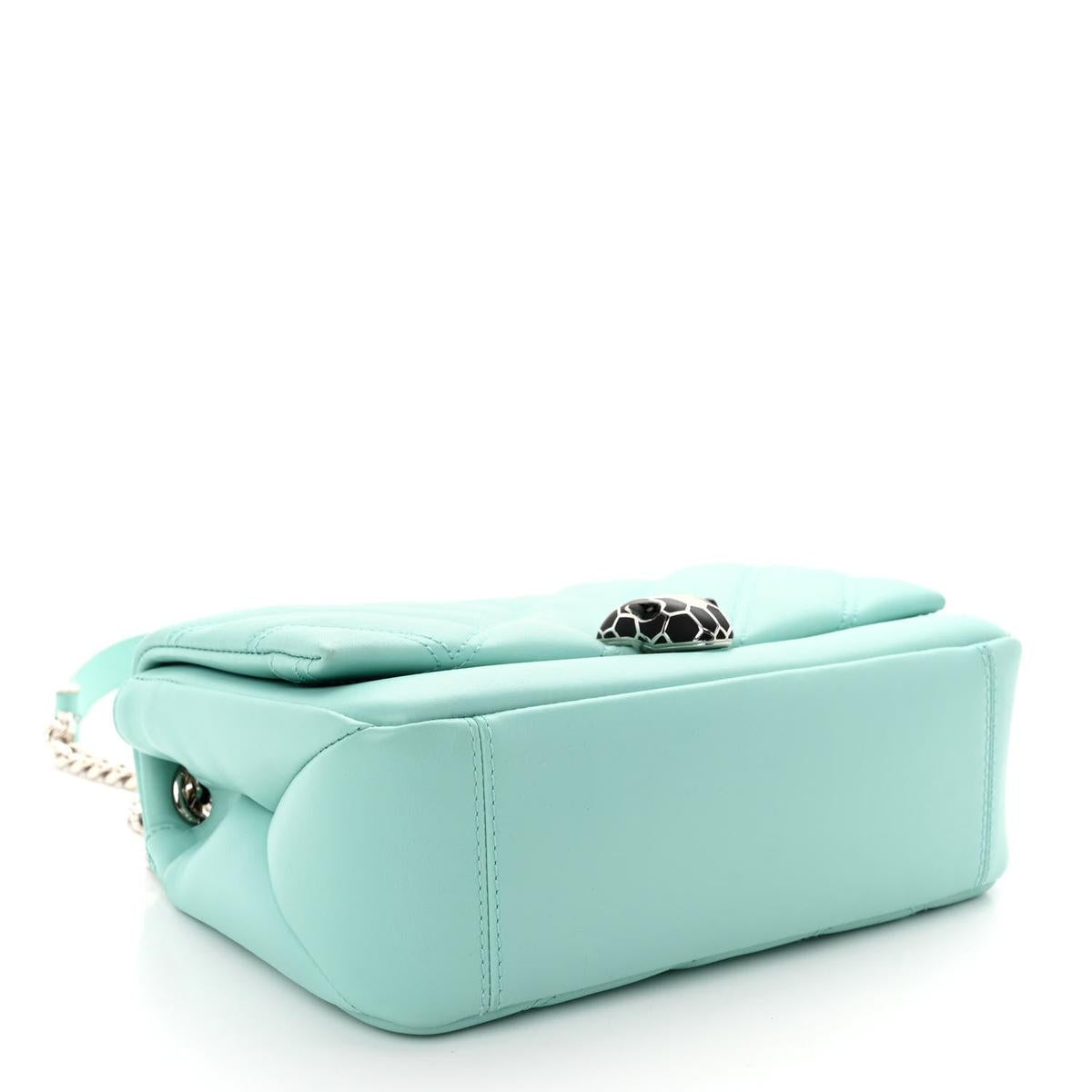 Bottom view of Bvlgari Serpenti Cabochon small shoulder bag in turquoise matelasse calfskin