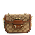 Gucci New Canvas Charisma Calfskin Crystal GG Monogram Mini Horsebit 1955 Shoulder Bag Camel Ebony
