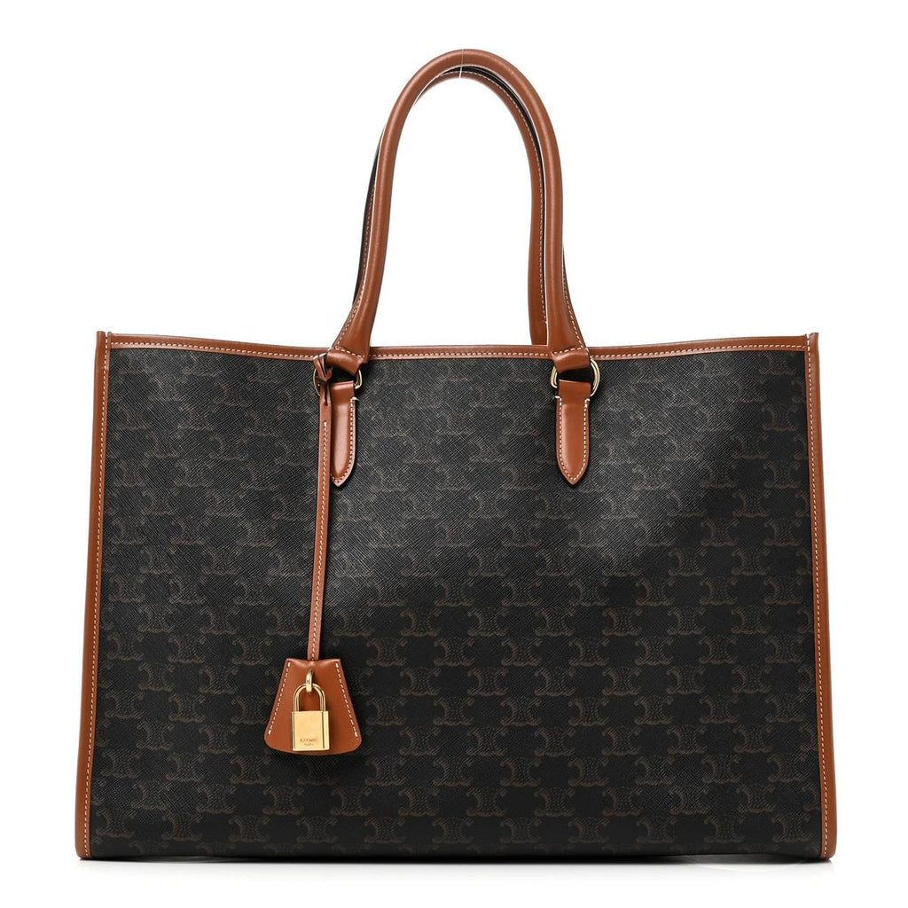 Front view — Celine Horizontal Cabas Tote in dark Triomphe canvas with padlock closure and tan leather handles