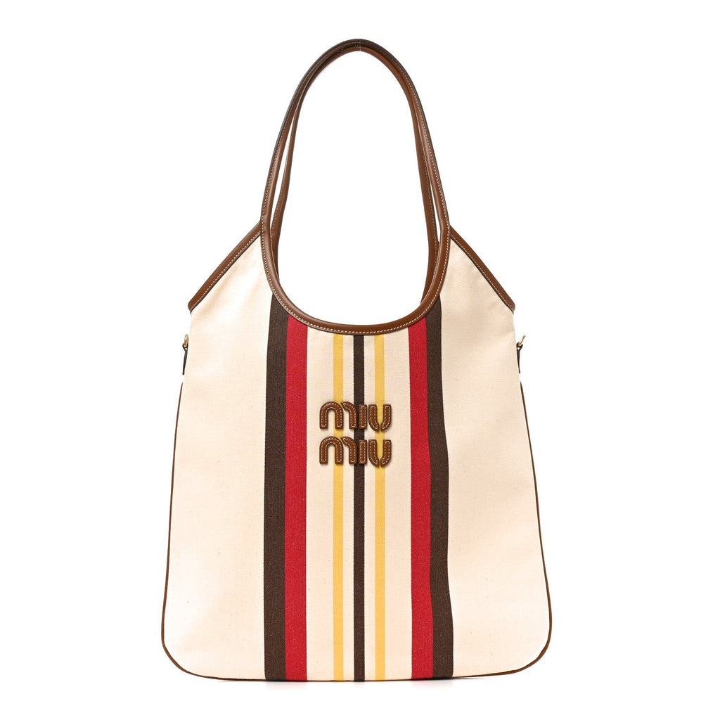 Miu Miu Canvas Calfskin Striped Ivy Beige Naturale Moro