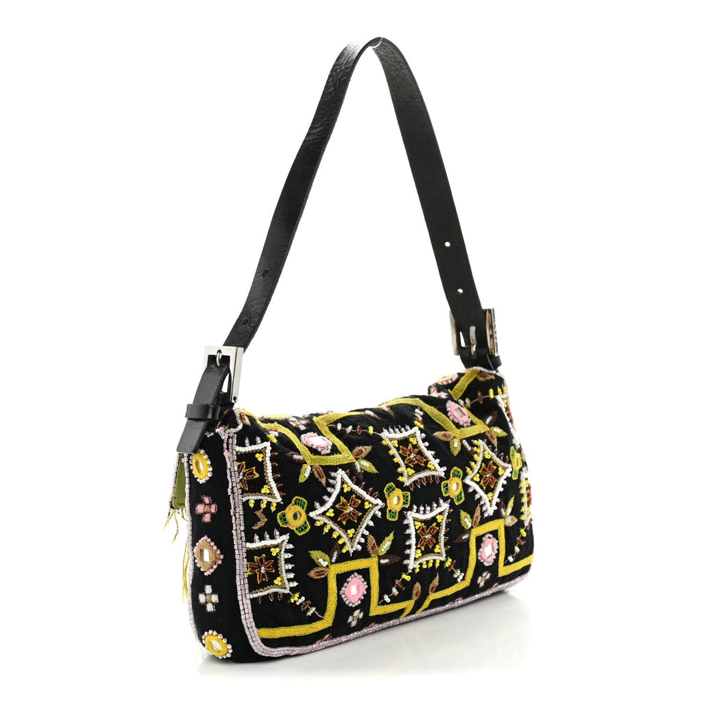 Fendi Canvas Beaded Baguette Black Multicolor