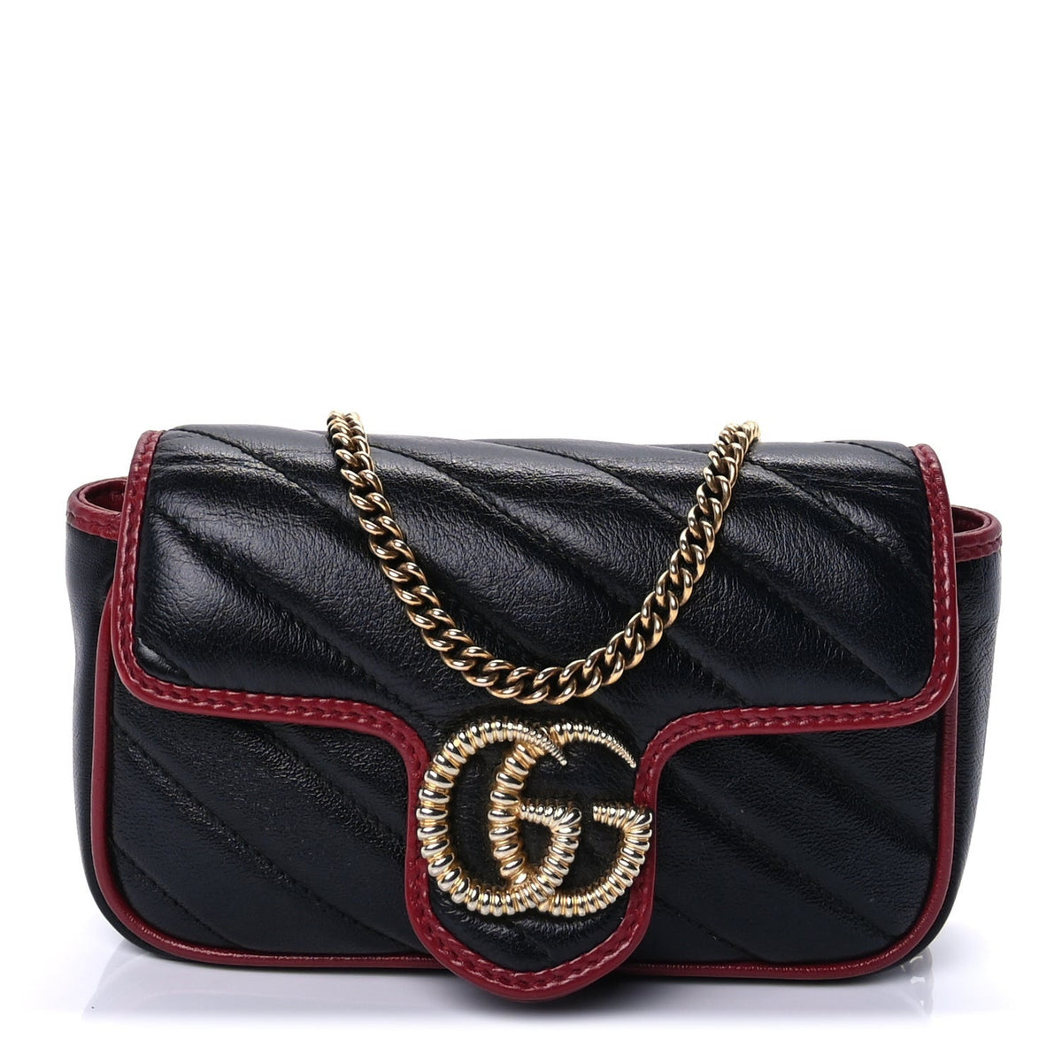 Gucci Vintage Effect Calfskin Matelasse Diagonal Super Mini Torchon GG Marmont Shoulder Bag Black Romantic Cherry