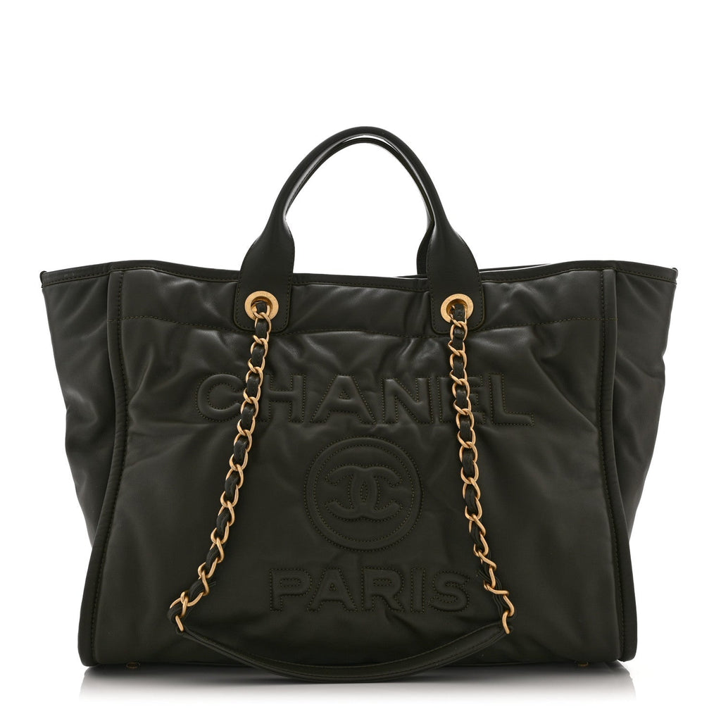 Chanel Calfskin Embossed Medium Deauville Tote Khaki