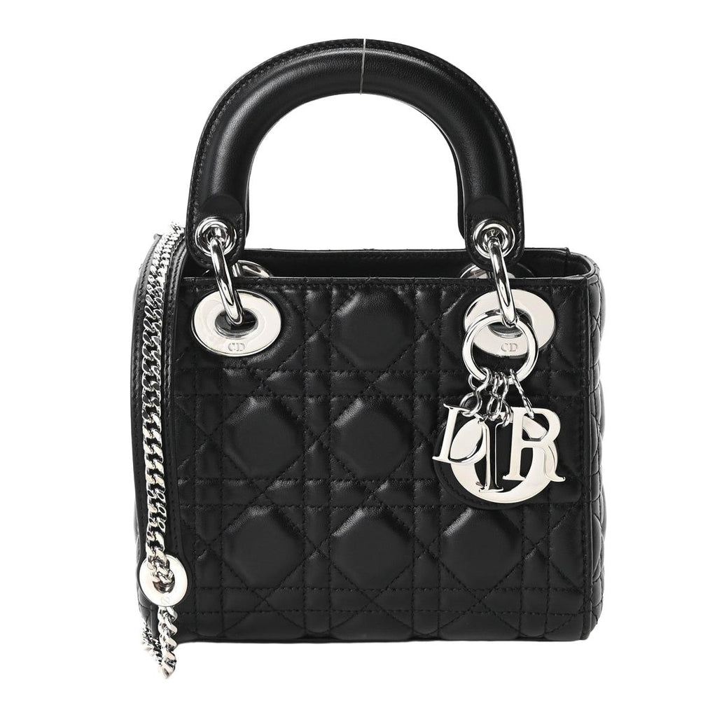 Front view — Dior Lady Dior Mini Bag in black lambskin cannage with silver-tone DIOR letter charms and chain-and-leather shoulder strap