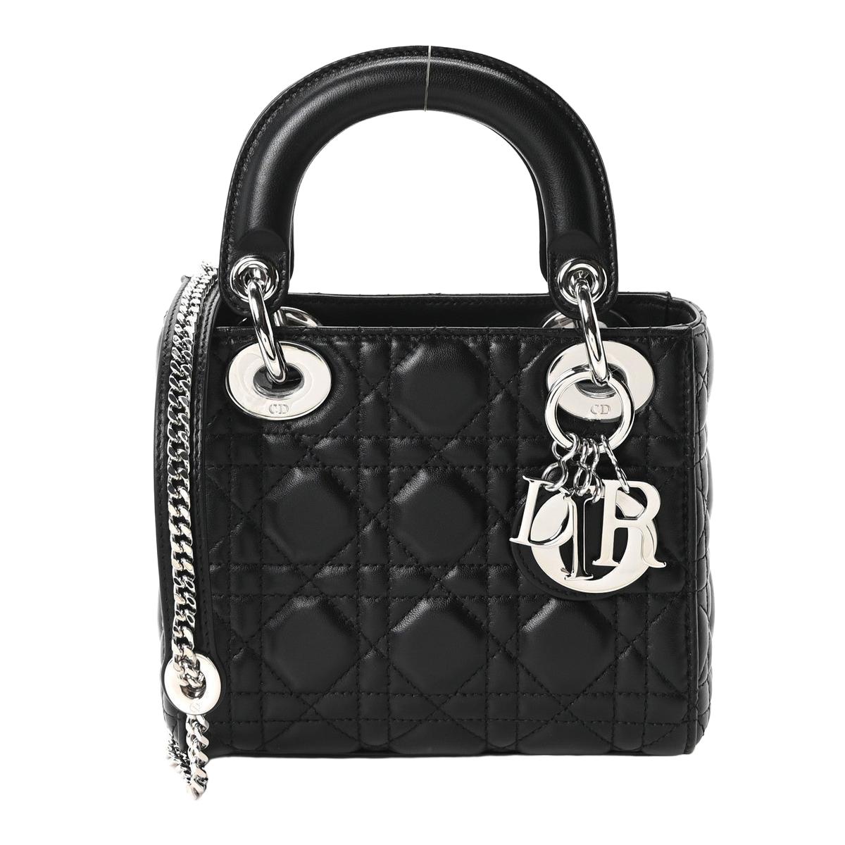 Front view — Dior Lady Dior Mini Bag in black lambskin cannage with silver-tone DIOR letter charms and chain-and-leather shoulder strap