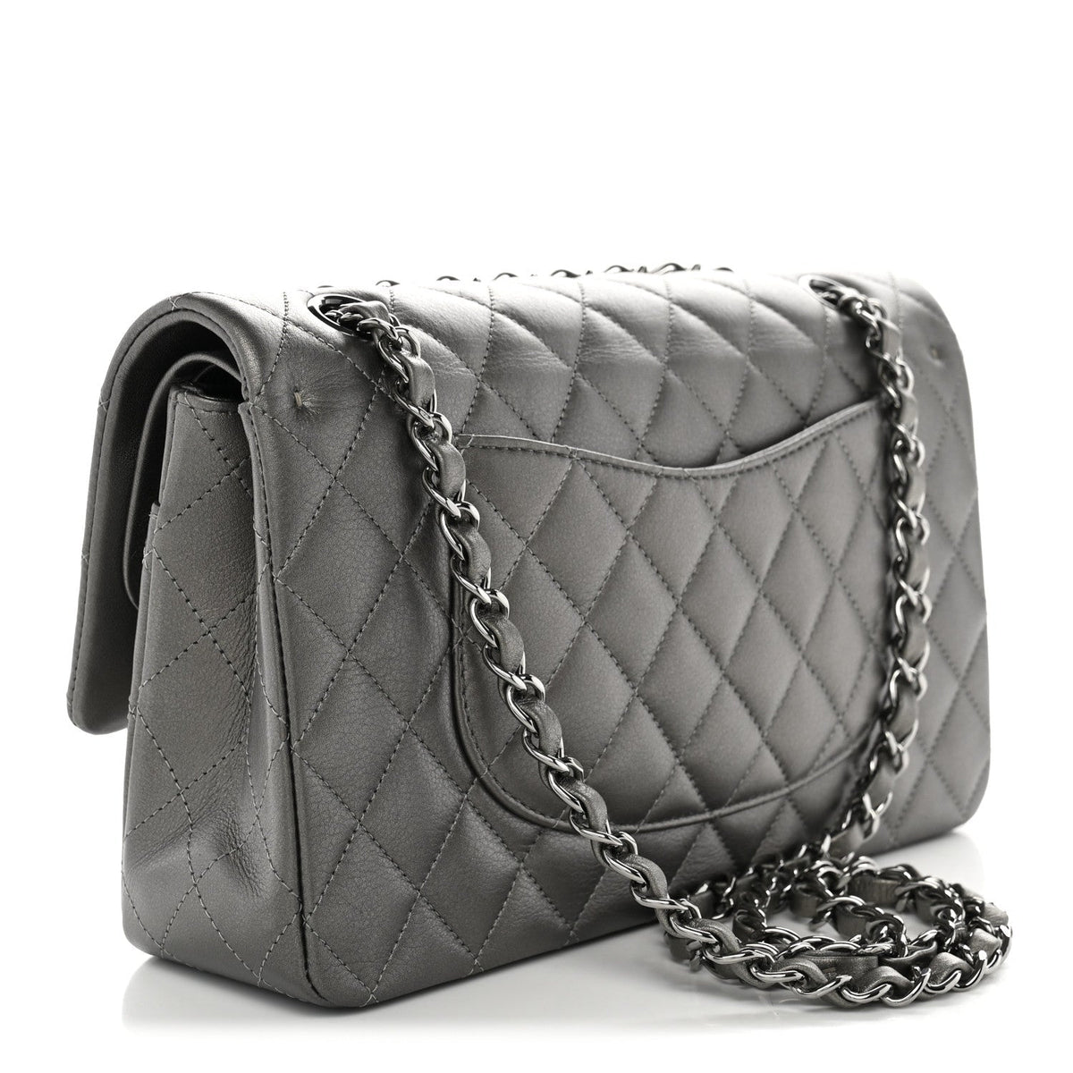 Chanel Metallic Calfskin Quilted Medium Double Flap Ruthenium Ruthenium
