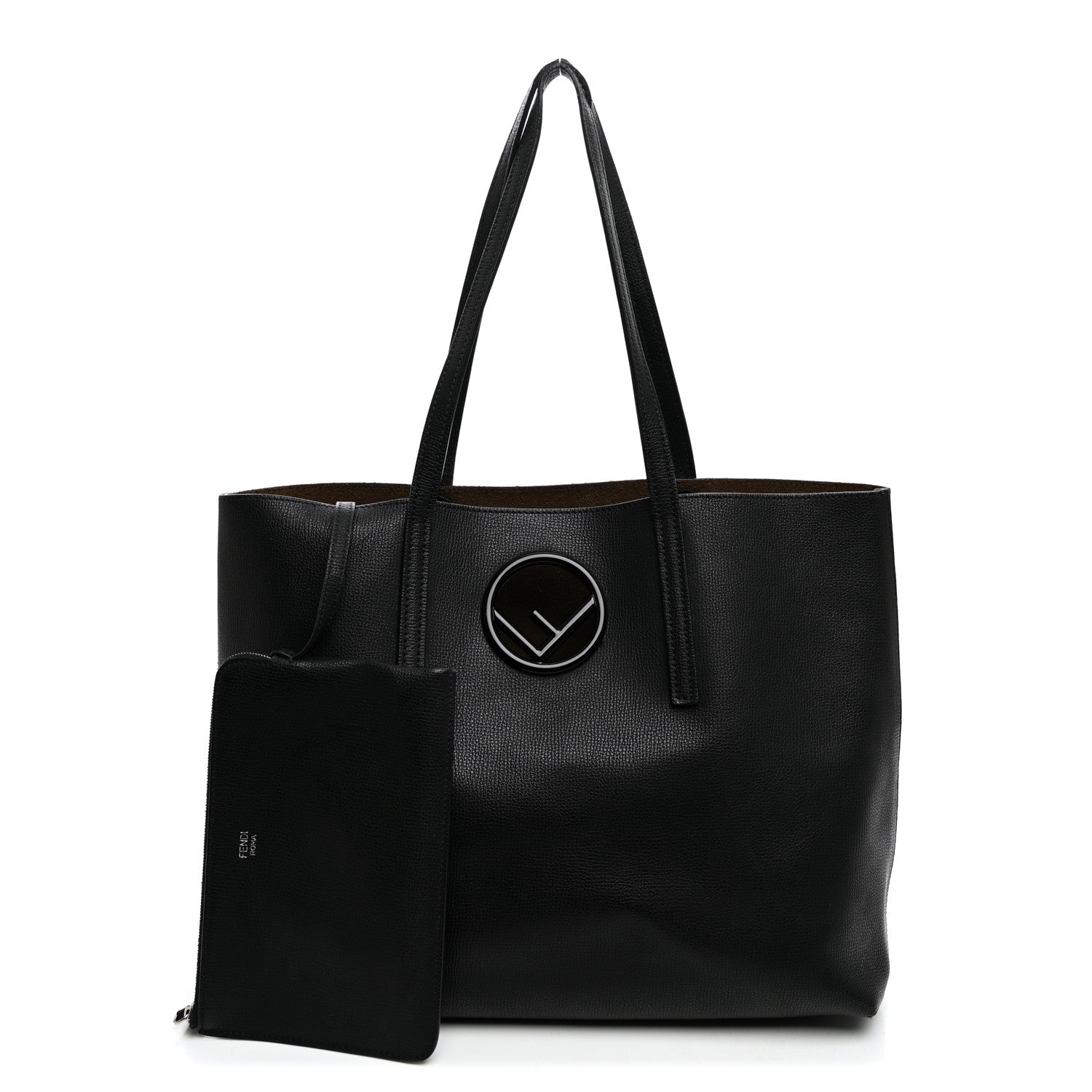 Fendi Vitello Vienna Enamel F is Fendi Shopping Tote Black Taupe
