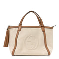 Gucci Linen Canvas Pebbled Calfskin Small Soho Top Handle Bag White Camelia