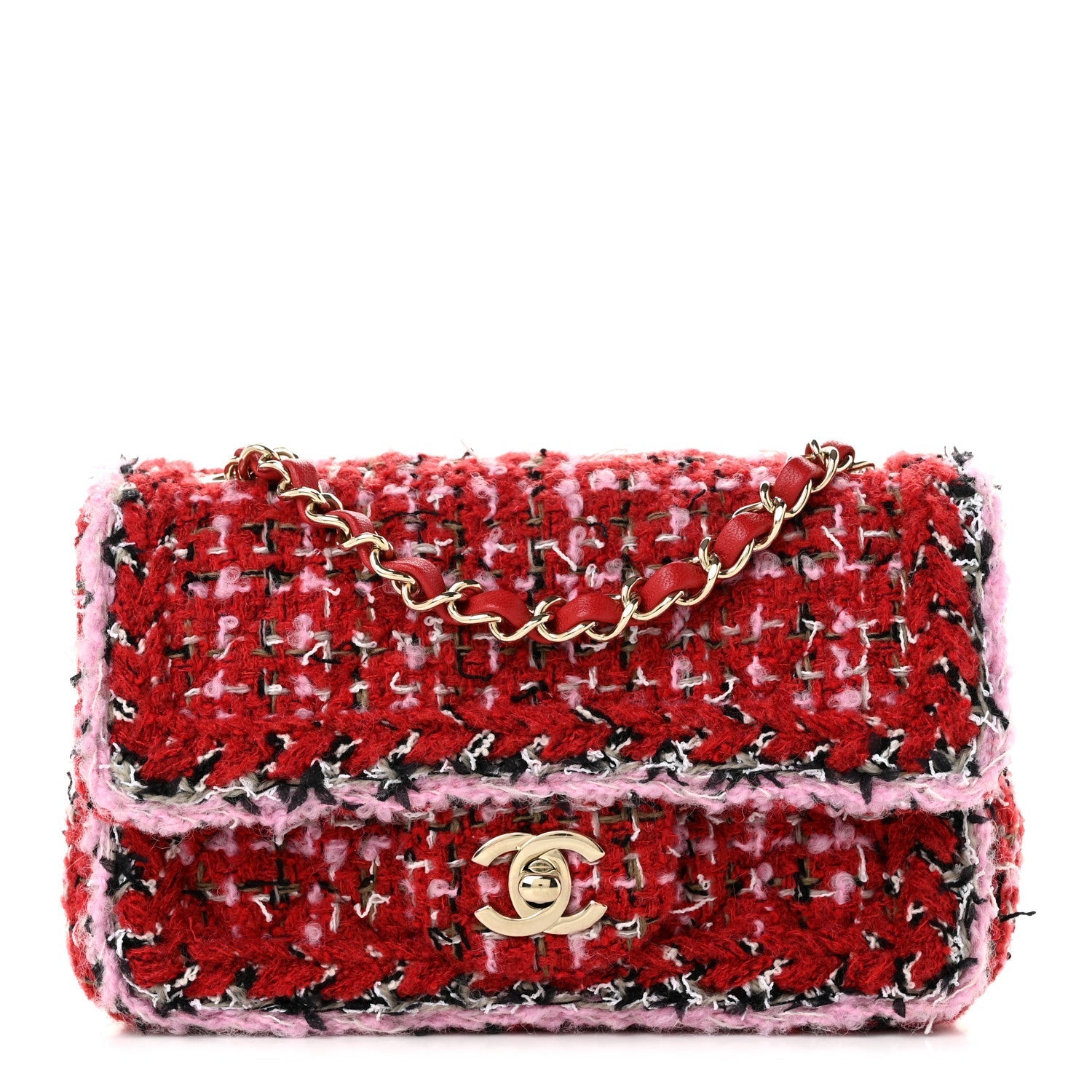 Chanel Tweed Quilted Mini Rectangular Flap Red Pink Multicolor