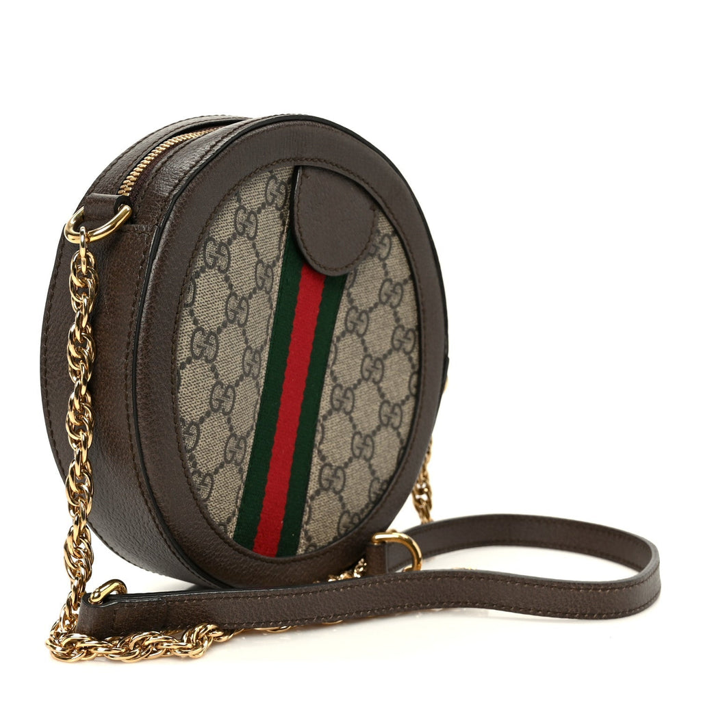 Gucci GG Supreme Monogram Web Mini Ophidia Round Shoulder Bag Brown