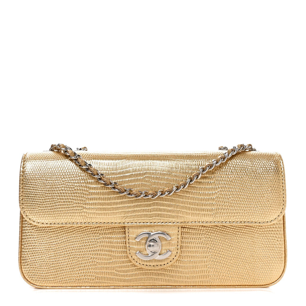Chanel Metallic Calfskin Lizard Embossed Small East West Flap Gold