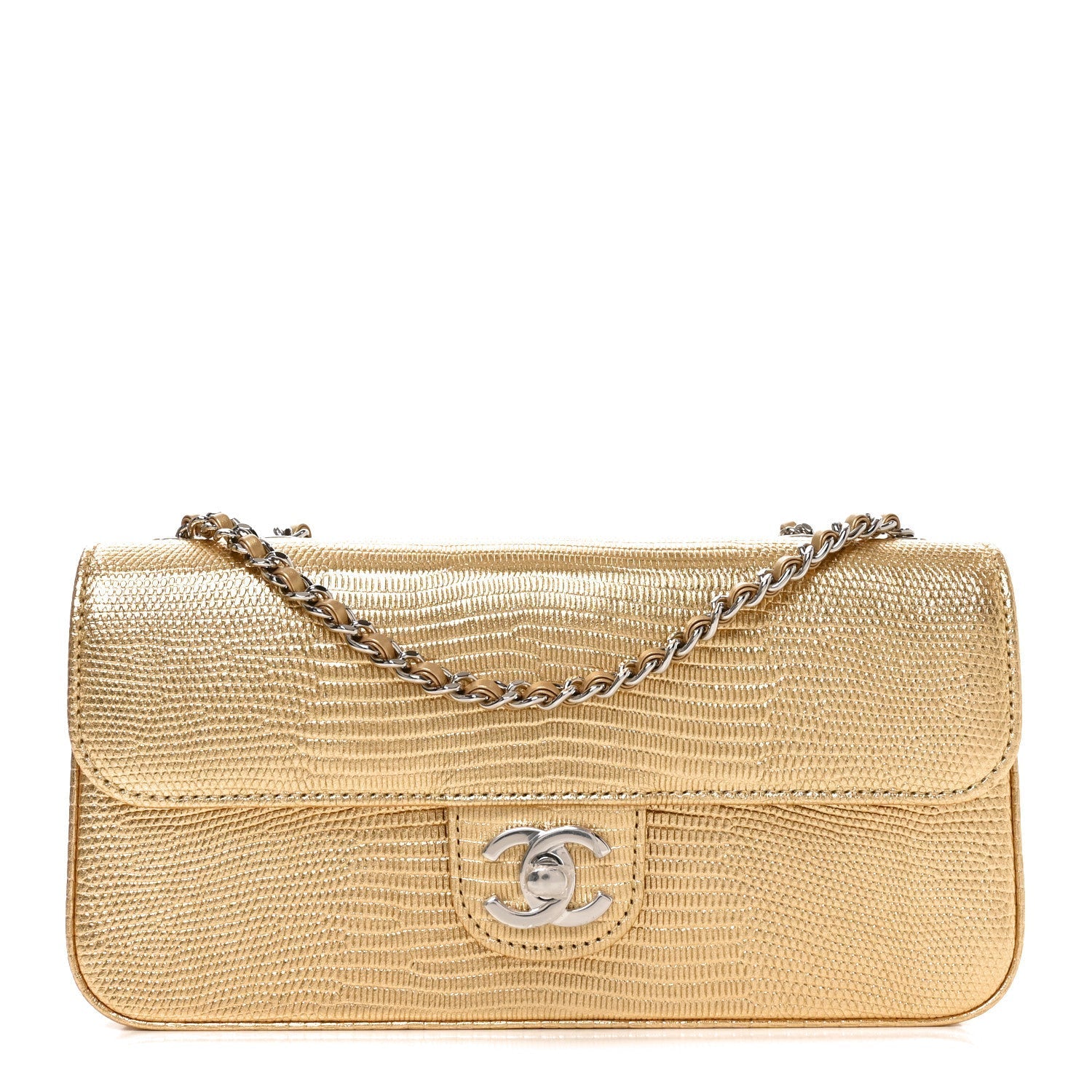 Chanel Metallic Calfskin Lizard Embossed Small East West Flap Gold