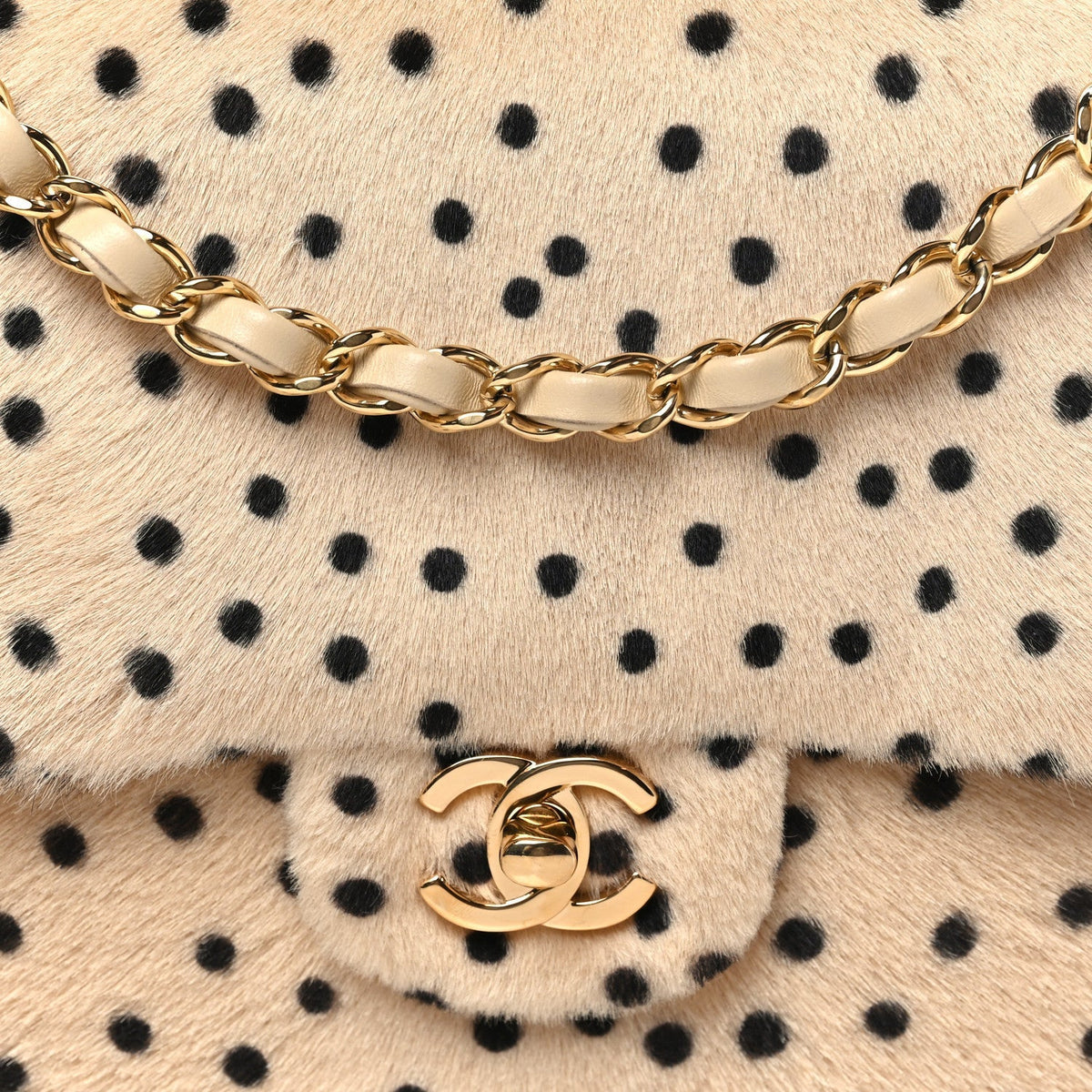 Chanel Pony Hair Cheetah Printed Flap Light Beige Black detail view