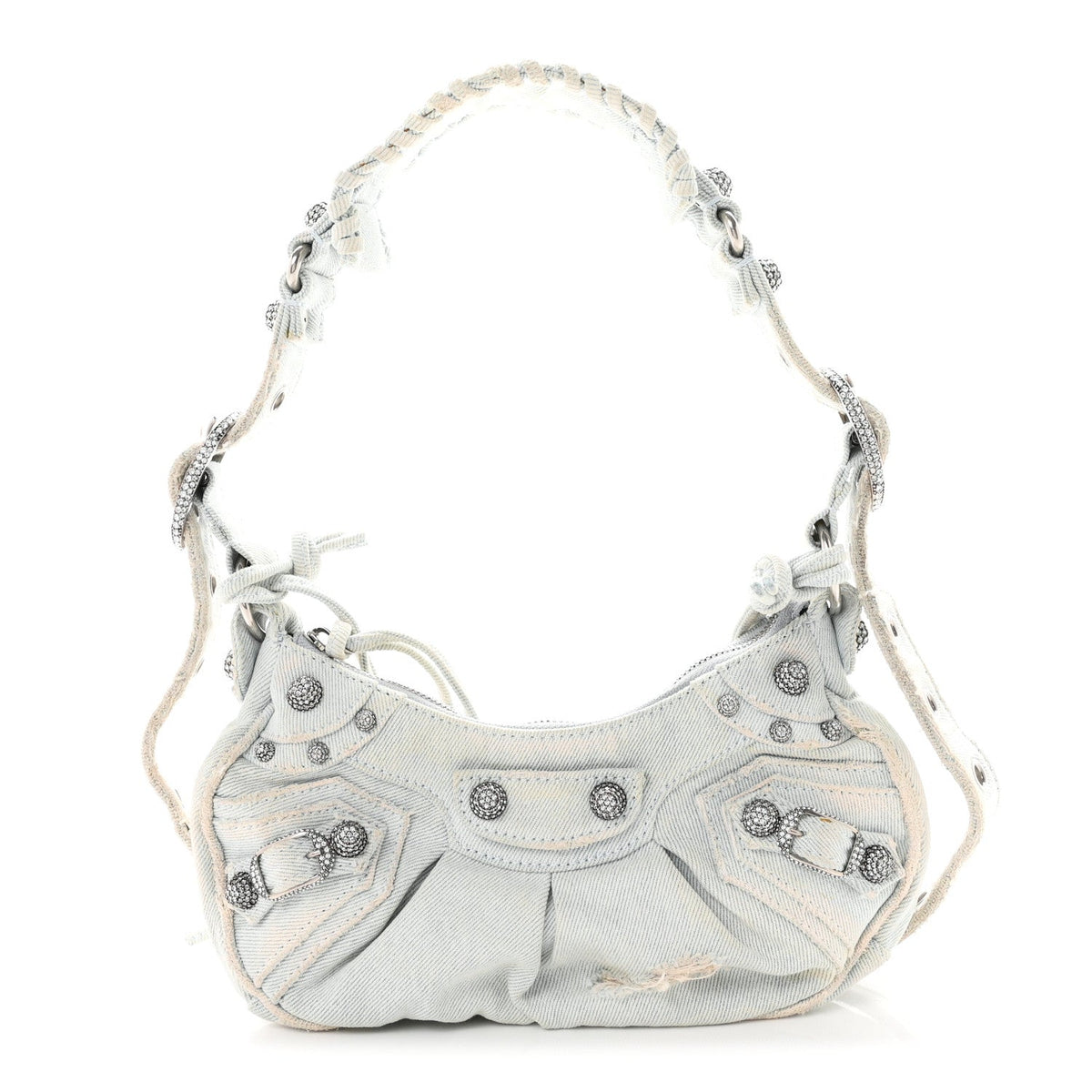 Balenciaga Washed Frayed Denim Crystal XS Le Cagole Shoulder Bag Pale Blue