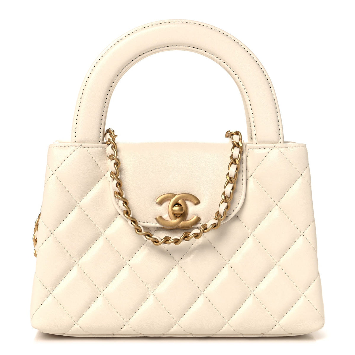 Chanel Shiny Aged Calfskin Quilted Nano Kelly Shopper White