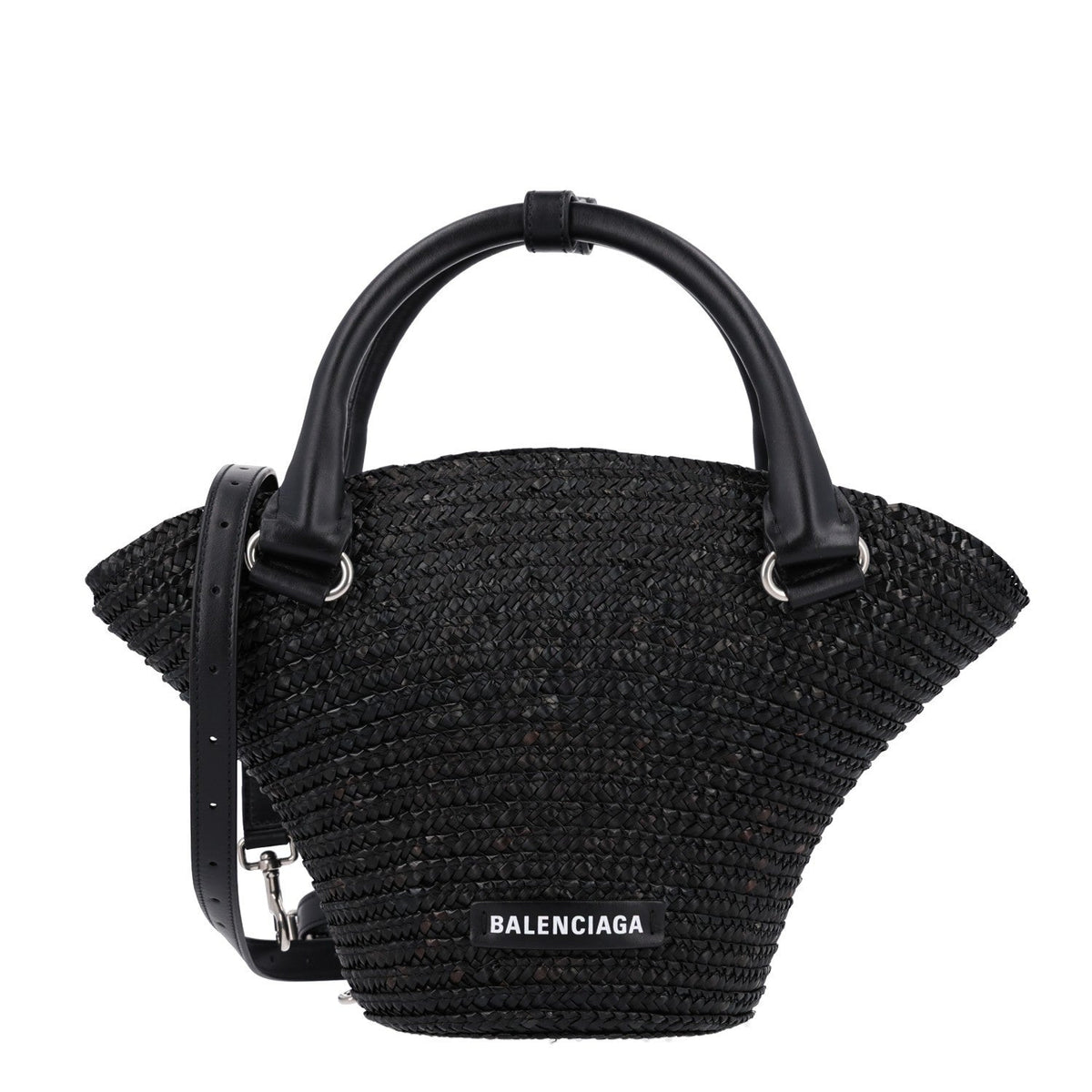 BALENCIAGA MEN'S LE CAGOLE MEDIUM TOTE IN BLACK RAFFIA