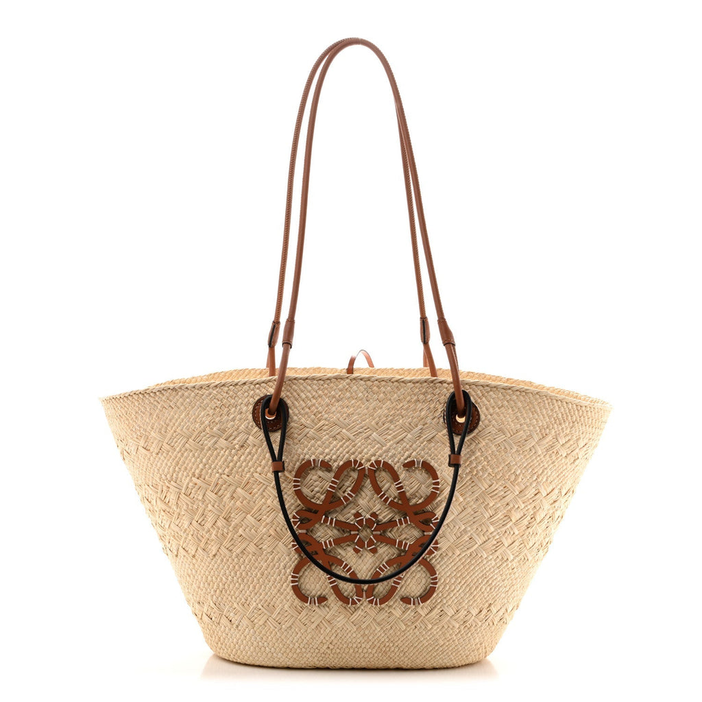Loewe Calfskin Raffia Paulas Ibiza Medium Anagram Basket Tote Bag Natural Tan