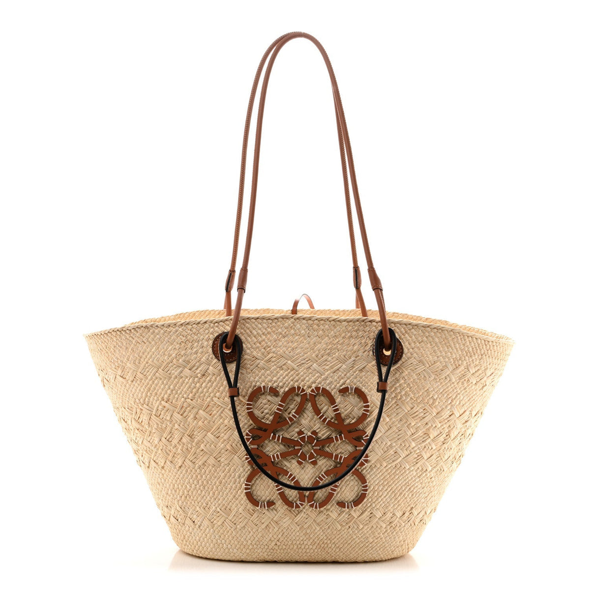 Loewe Calfskin Raffia Paulas Ibiza Medium Anagram Basket Tote Bag Natural Tan