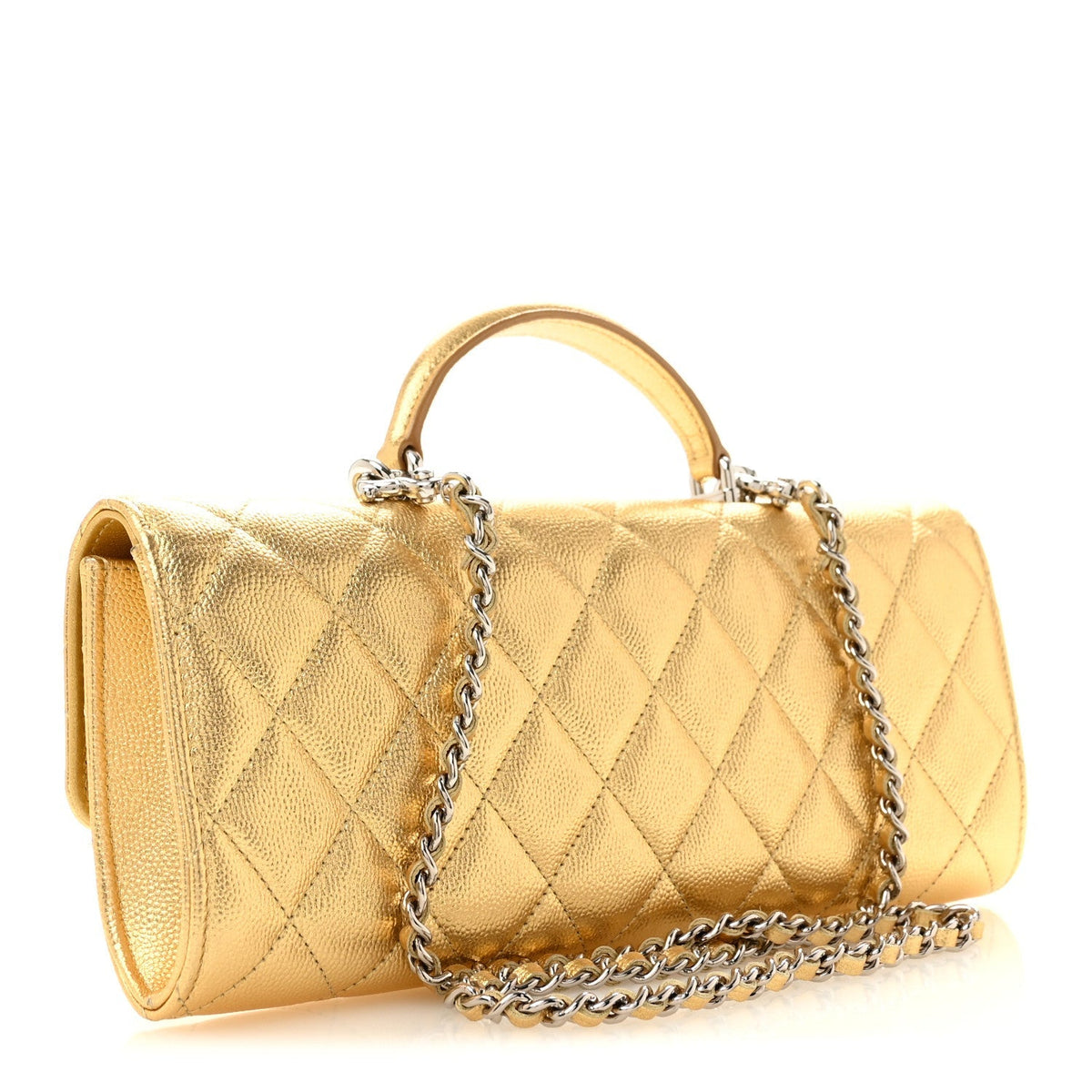 Chanel Metallic Caviar Quilted Top Handle Long Clutch With Chain Gold