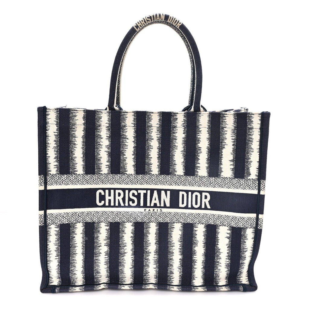 Dior Canvas Embroidered Large Striped Book Tote Navy