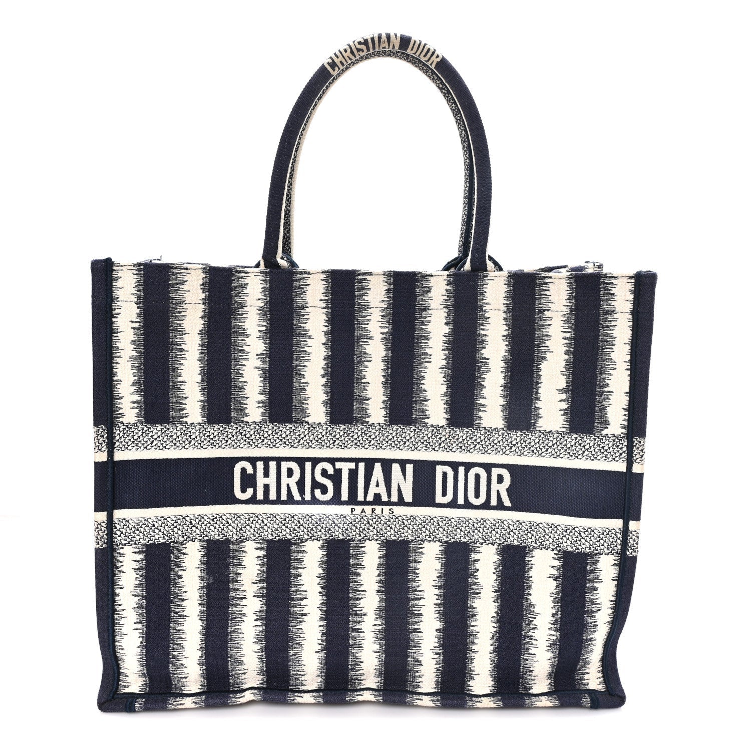 Dior Canvas Embroidered Large Striped Book Tote Navy