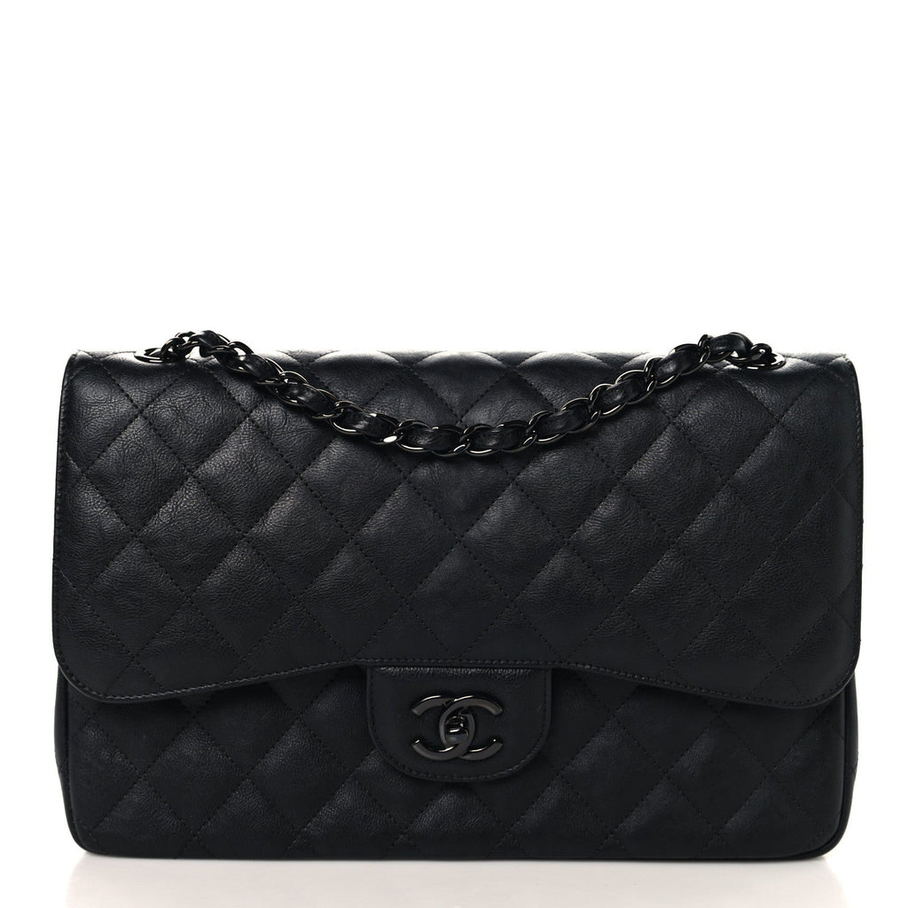 Chanel Crumpled Calfskin Quilted Jumbo Double Flap So Black