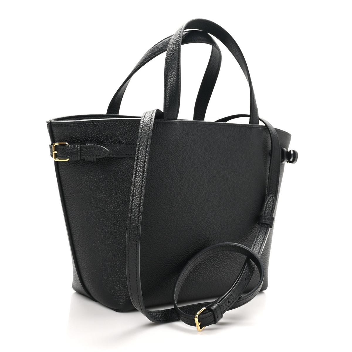 3/4 back view — black calfskin Mini Cabas with shoulder strap