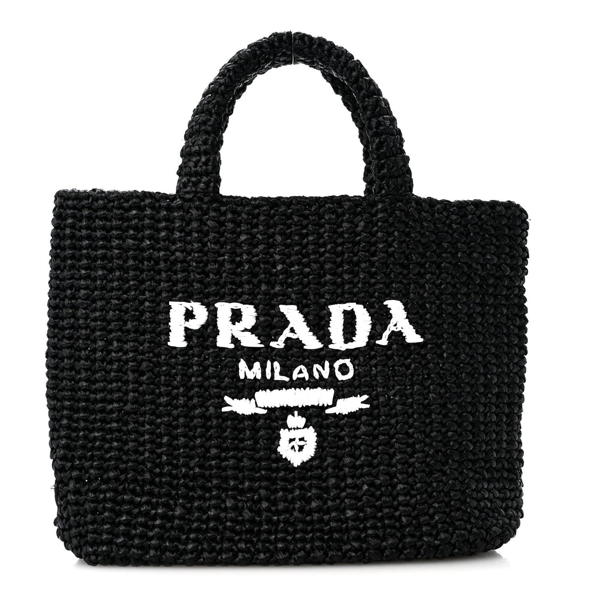 Prada Yarn Raffia Effect Crochet Small Logo Tote Black