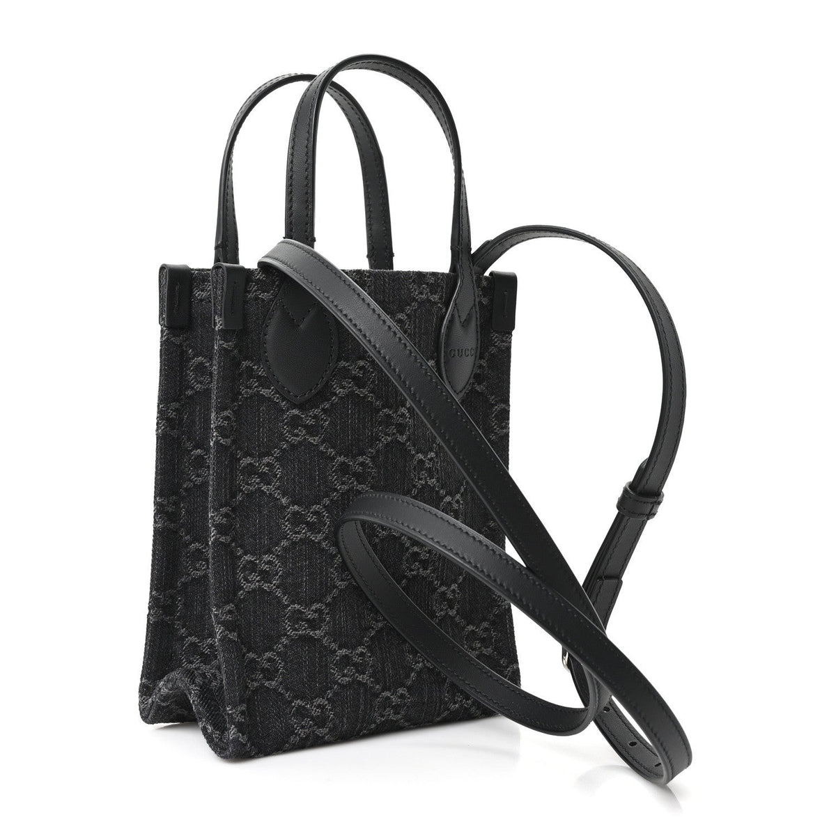 Gucci Denim Cuoio Harness GG Monogram Mini Ophidia Tote Bag Black Medium Grey