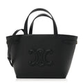 3/4 front view — black calfskin Mini Cabas with Triomphe logo