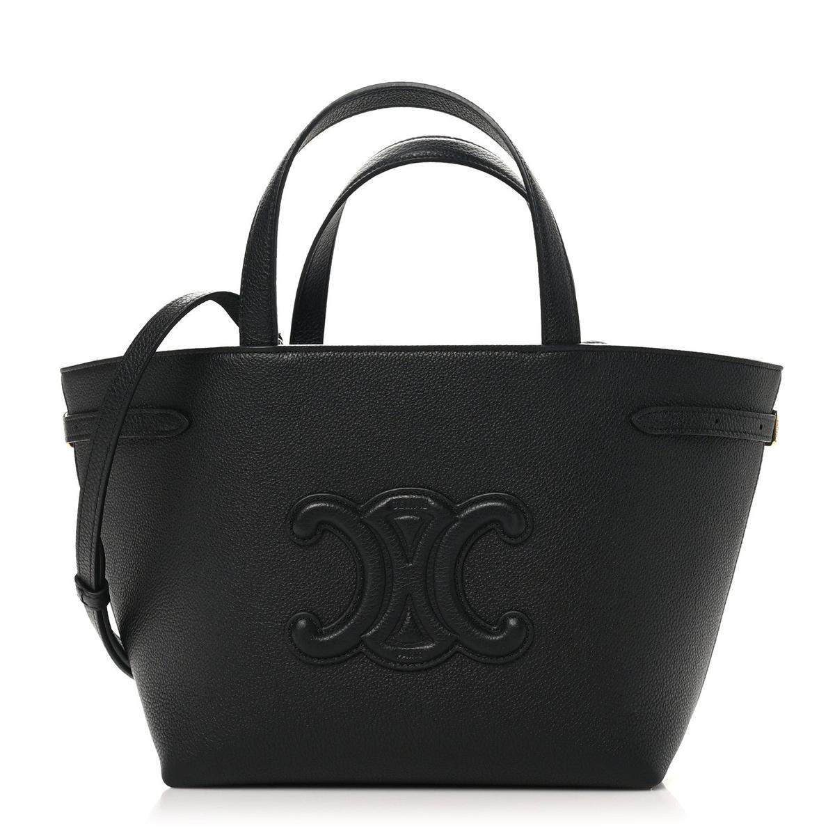 3/4 front view — black calfskin Mini Cabas with Triomphe logo