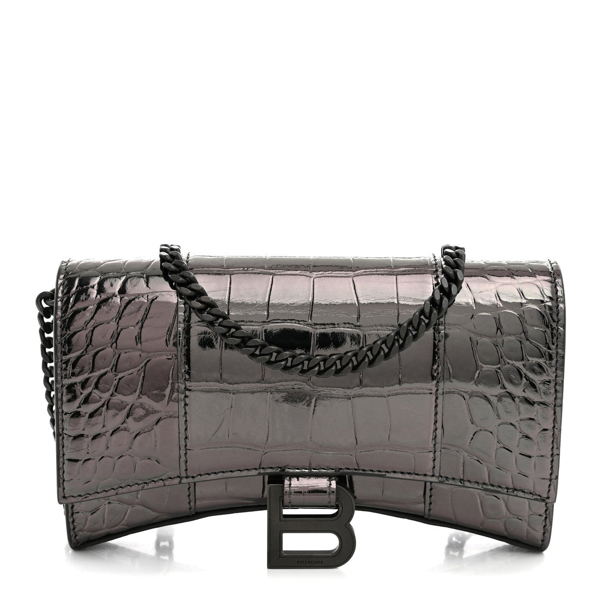 Balenciaga Shiny Metallic Calfskin Crocodile Embossed Hourglass Chain Bag Gunmetal