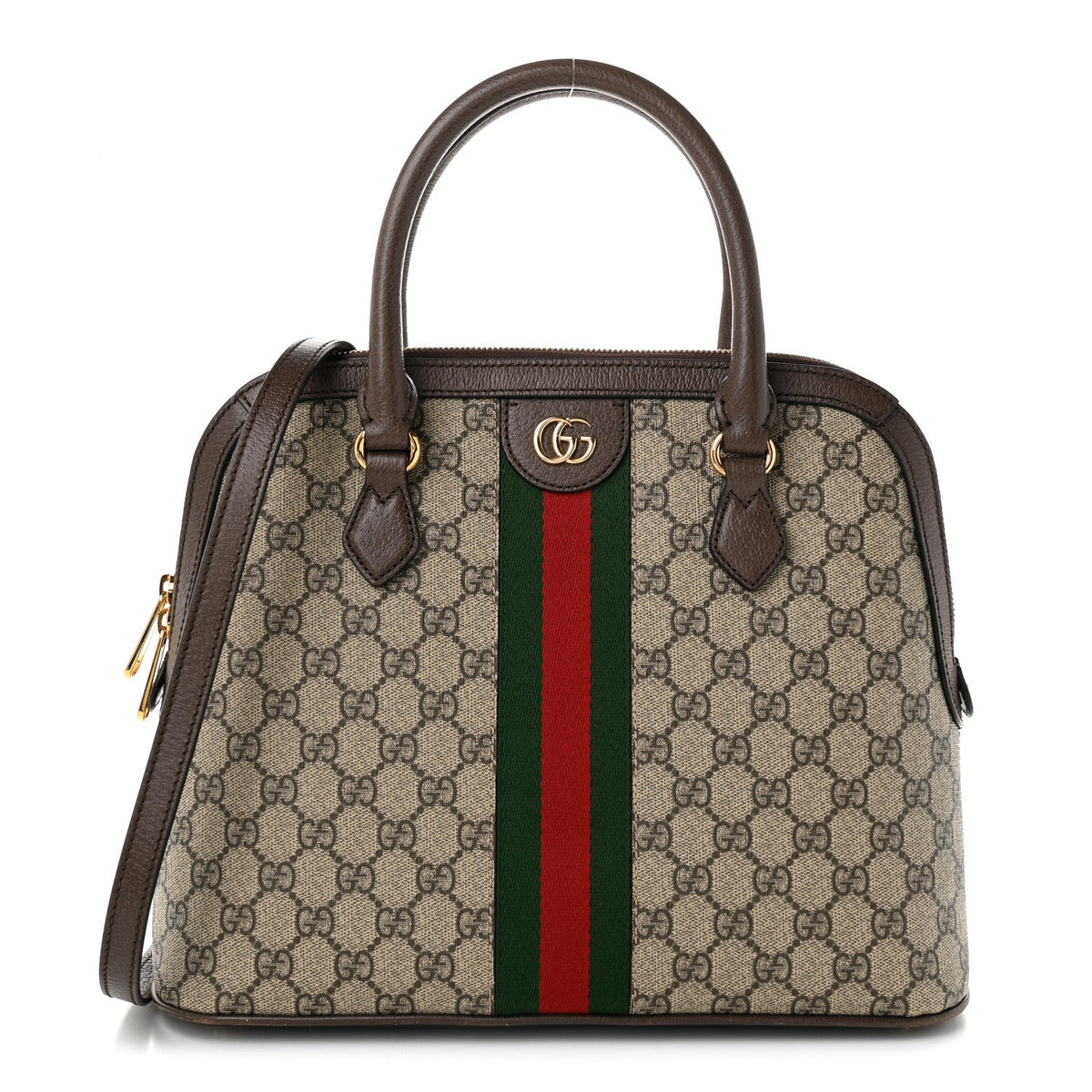 Gucci GG Supreme Monogram Web Medium Top Handle Ophidia Dome Shoulder Bag Brown