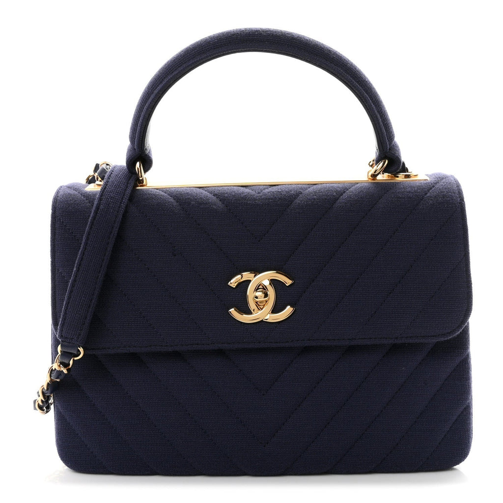 Chanel Jersey Chevron Quilted Small Trendy CC Dual Handle Flap Bag Navy Blue
