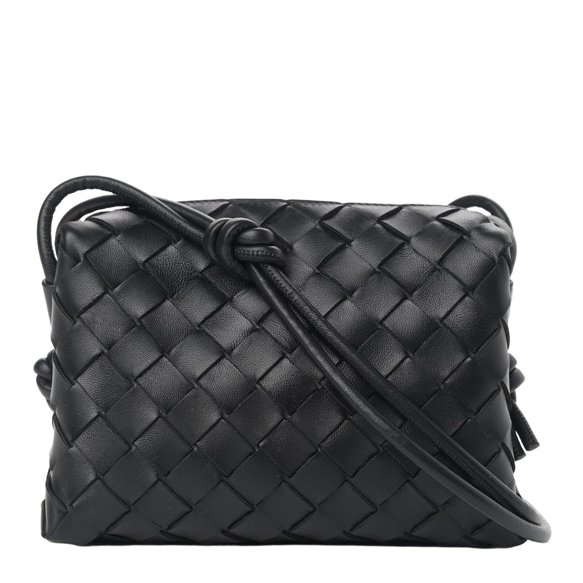Bottega Veneta Mini Loop intrecciato camera bag front view black